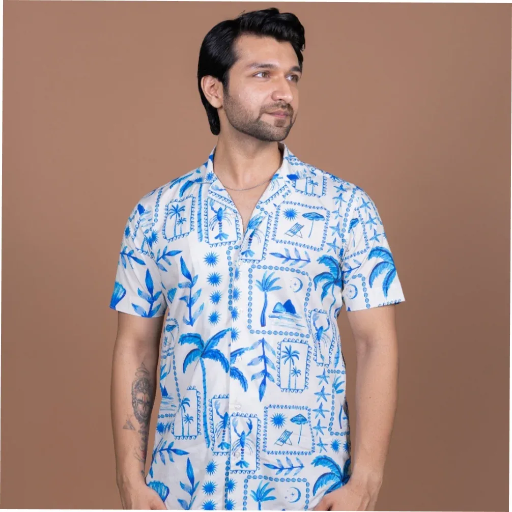 15 Buttons Blue Lagoon Pet Parent Shirt for Men (Blue/Off White)