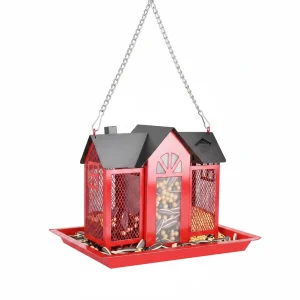 1Pc Metal Hanging Bird Feeder House Classic Barn Bird Feeder House Iron Hanging Outdoor Feeder With Visible