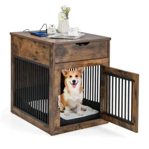 2-in-1 Dog House with Drawer and Wired Wireless Charging-Rustic Brown