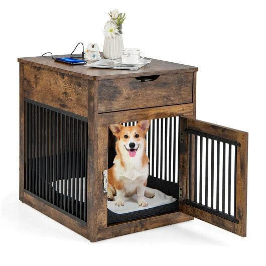 2-in-1 Dog House with Drawer and Wired Wireless Charging-Rustic Brown