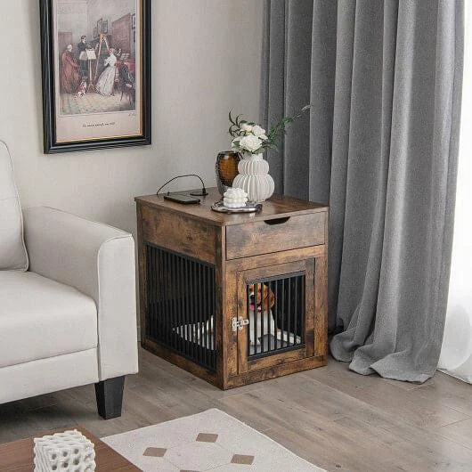 2-in-1 Dog House with Drawer and Wired Wireless Charging-Rustic Brown - Image 2