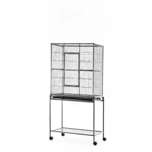 30" Rolling Metal Bird Cage Feeder with Detachable Rolling Stand, Storage Shelf, Wood Perch & Food Container