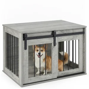 31.5" Dog Crate Furniture With Sliding Barn Door, Wooden Dog Kennel End Table For Indoor Use - Gray