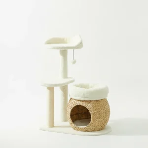 31" Cat Tree Tower with Scratching Posts, Cat Condo, Beds, Platform and Toy Ball for Indoor Cats, Cream White