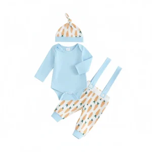3pcs Set Baby Costume Set, Long Sleeved Letter Rabbit Print Jumpsuit, Carrot Print Suspender Pants, Hat Set