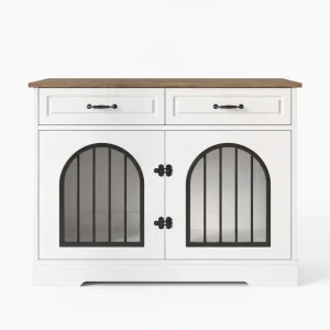 43.3 Dog Crate Furniture, Heavy Duty Indoor Dog Kennel With 2 Storage Drawers, Dog Cage With Side Doors For