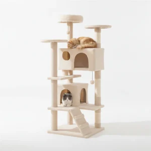 52" Tall Cat Tree Tower With Perches & Condos, Multi-Cat Playground With Scratching Posts (Beige)