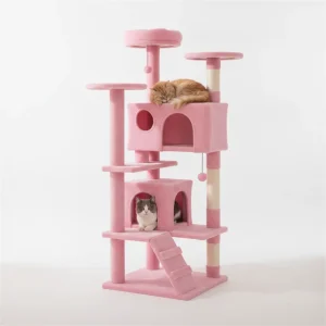 52" Tall Cat Tree Tower With Perches & Condos, Multi-Cat Playground With Scratching Posts (Pink)