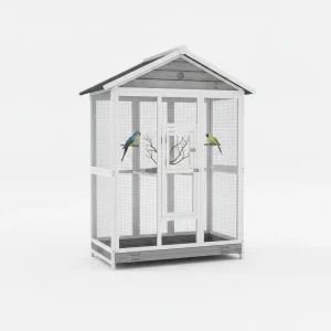 64.5" Wooden Bird Cage Aviary, Flight Cage with 4 Perches, Nest and Slide-Out Tray for Indoor/Outdoor, Gray