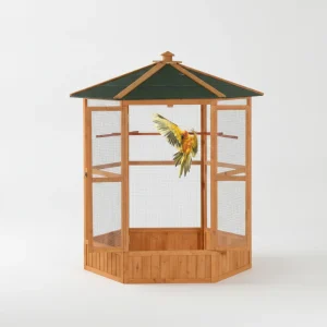 69 Large Wooden Bird Aviary Hexagonal Outdoor Aviary Flight Bird Cage With Covered Roof, Brown