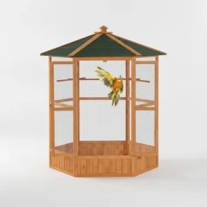 69" Wooden Hexagonal Outdoor Aviary Flight Bird Cage With Covered Roof, Brown
