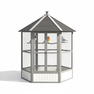 69" Wooden Hexagonal Outdoor Aviary Flight Bird Cage With Covered Roof, Light Gray