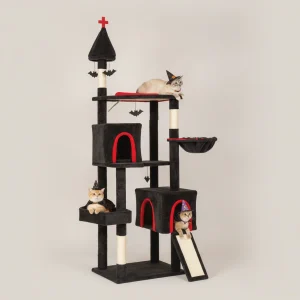 78" Gothic Cat Tree, Cat Tower with Coffin Bed, 2 Spacious Condos, Sisal Scratching Posts, Bat Hanging Balls,