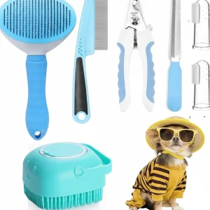 7pcs Pet Grooming Kit, Self-Cleaning Brush Shedding Kit With Nail Clipper, Flea Comb, Shampoo Bath Brush,