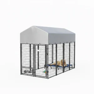 8 x 4 x 6 Outdoor Dog Kennel, Dog Kennel Outside Run with 360° Rotating Bowls, Waterproof & UV Resistant Cover