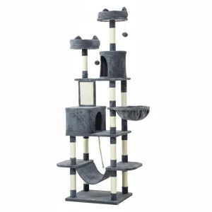 81" Cat Tree w/ Cat Scratching Posts, Scratching Board, Condos, Beds, Hammocks, Toy Balls, Rope Cat Toy, Gray