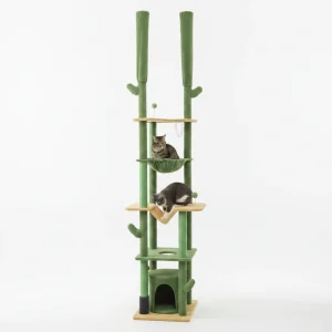 89"-100" Floor to Ceiling Cat Tree, Cat Climbing Tower with Grooming Brush Post, Cat Condo, Hammock, Green