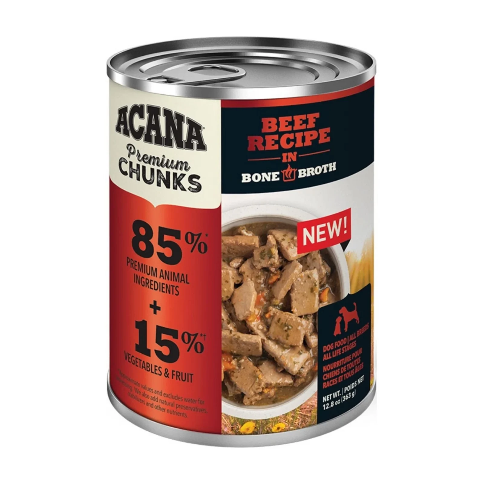 Acana Grain Free Premium Chunks Beef Recipe in Bone Broth, 12.8 oz, Case of 12