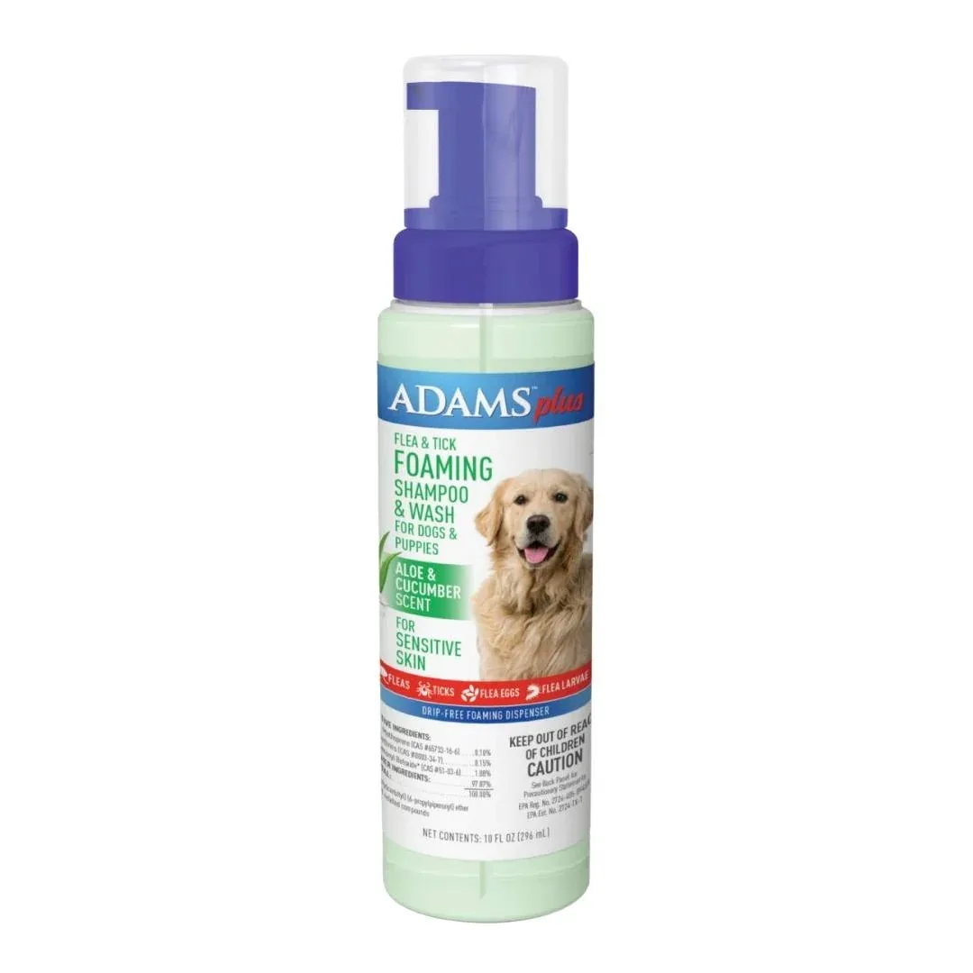 Adams Plus Flea & Tick Foaming Shampoo Cucumber Aloe Sensitive Skin 10oz