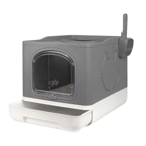 All For Paws Foldable Cat Litter Box W/ Litter Trapping Step & Multiple Access Points--Gray