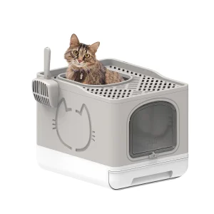 All For Paws Foldable Cat Litter Box W/ Litter Trapping Step & Multiple Access Points- Sand