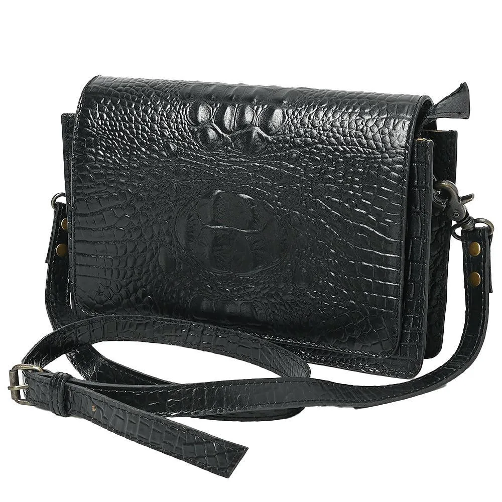 American Darling Black Croc Embossed Leather Crossbody