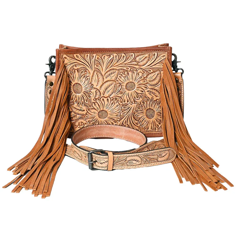 American Darling Tan Tooled Leather Crossbody - Image 2