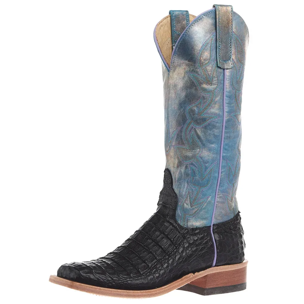 Anderson Bean Women's Black Lux Hornback Caiman Vamp 13In Riviera Petrol Mad Dog Top