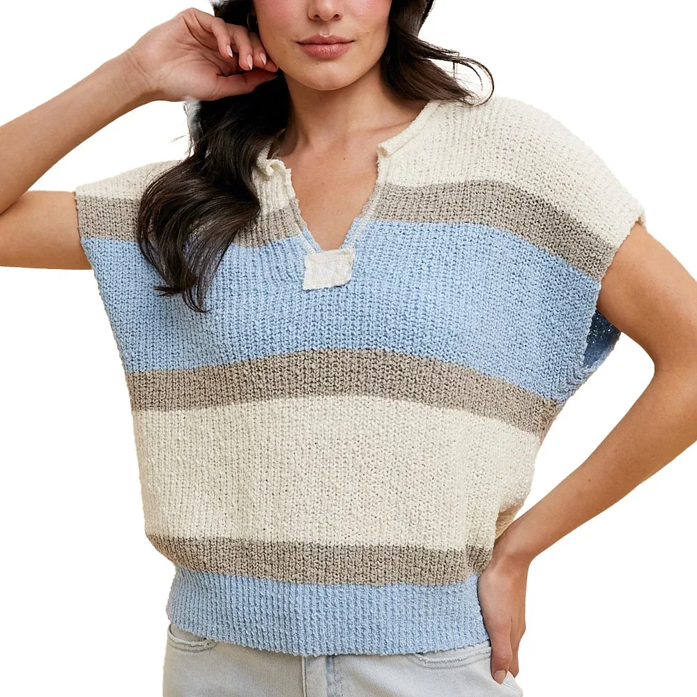 Anniewear Women's Ivory & Blue Low Gauge Color Block Top - Image 2
