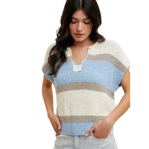 Anniewear Women's Ivory & Blue Low Gauge Color Block Top