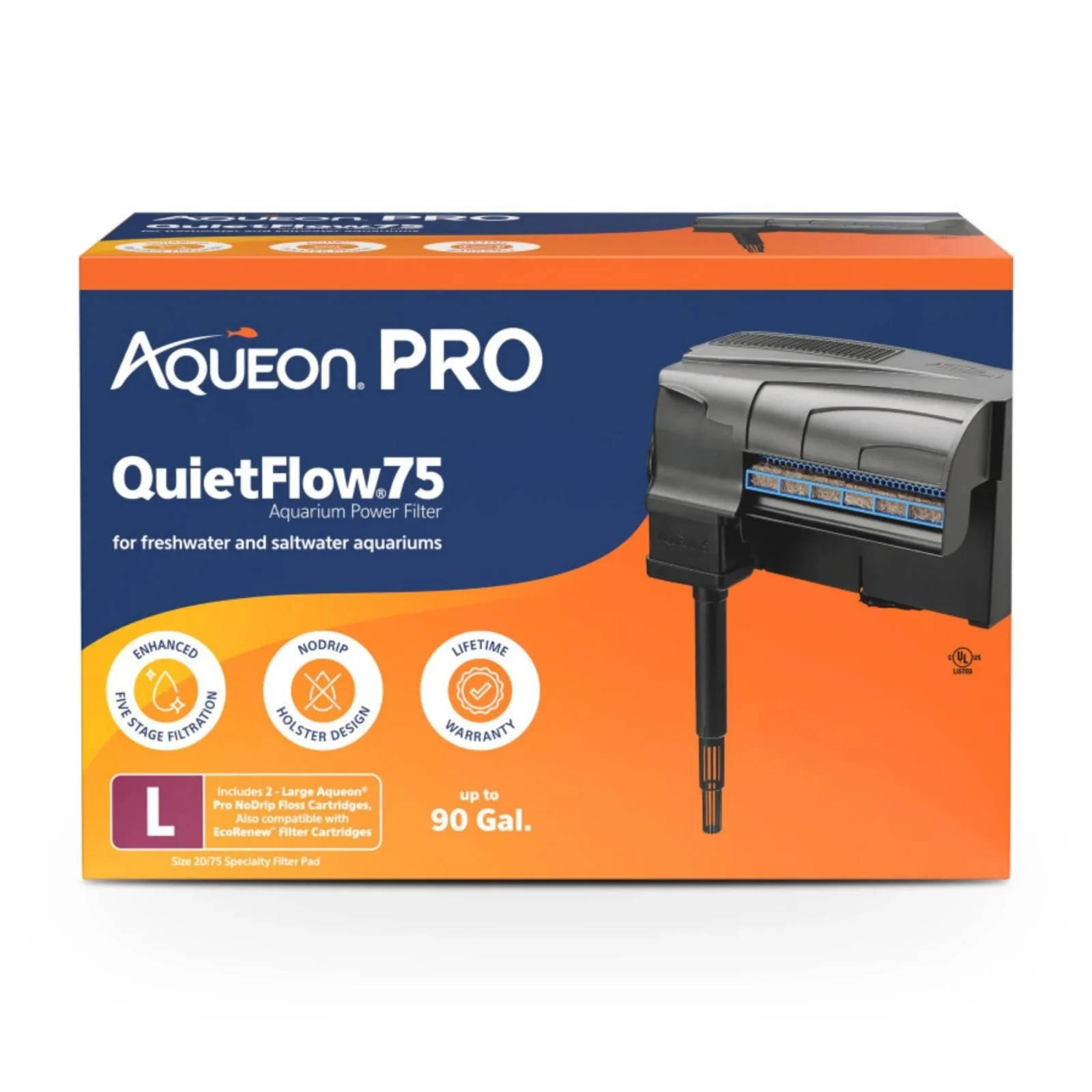 Aqueon PRO QuietFlow Aquarium Power Filter 1ea/Size 75, Up To 90 gal