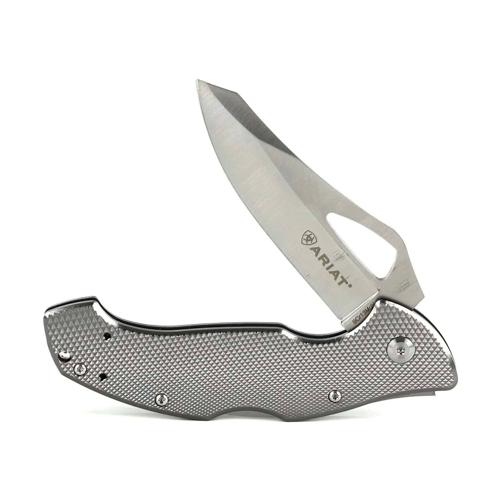 ARIAT Engraved Shield Text Logo Smooth Blade Folding Knife Grey 3.5