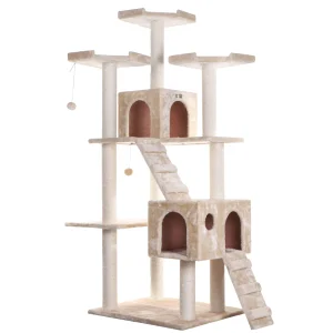 Armarkat 74-in Faux Fur Two Condo & Running Ramps Real Wood Cat Tree, Beige
