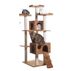 Armarkat 74-in Faux Fur Two Playhouses & Running Ramps Real Wood Cat Tree, Ochre Brown