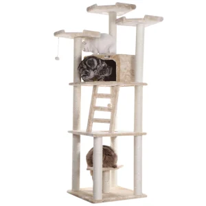 Armarkat 80-in Faux Fur with Playhouse & Ladder Multi-Level Real Wood Cat Tree, Beige