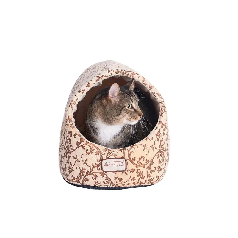 Armarkat Hooded Beige with Flower Pattern Cat Bed