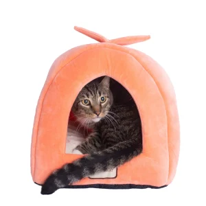 Armarkat Little House Orange Luxe Velvet Covered Cat Bed