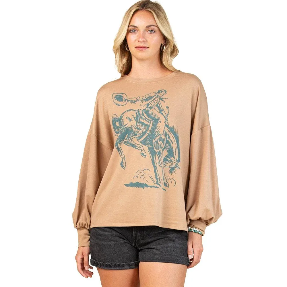 Avery Women's Mocha Turquoise Bucking Horse Sweatshirt