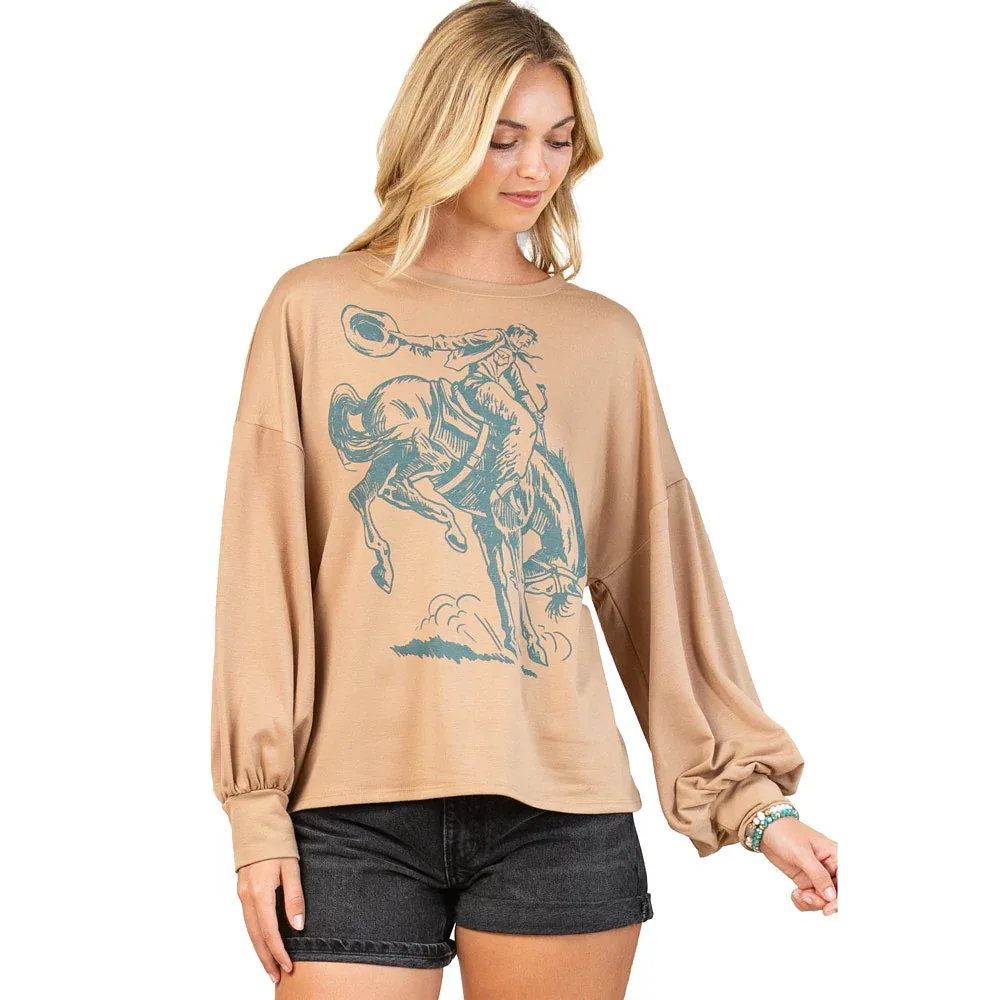 Avery Women's Mocha Turquoise Bucking Horse Sweatshirt - Image 2
