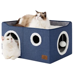 Bedsure® Large Cat Bed for Indoor Cats, Extra Wide Cat Cube House with Fluffy Ball & Scratch Pad
