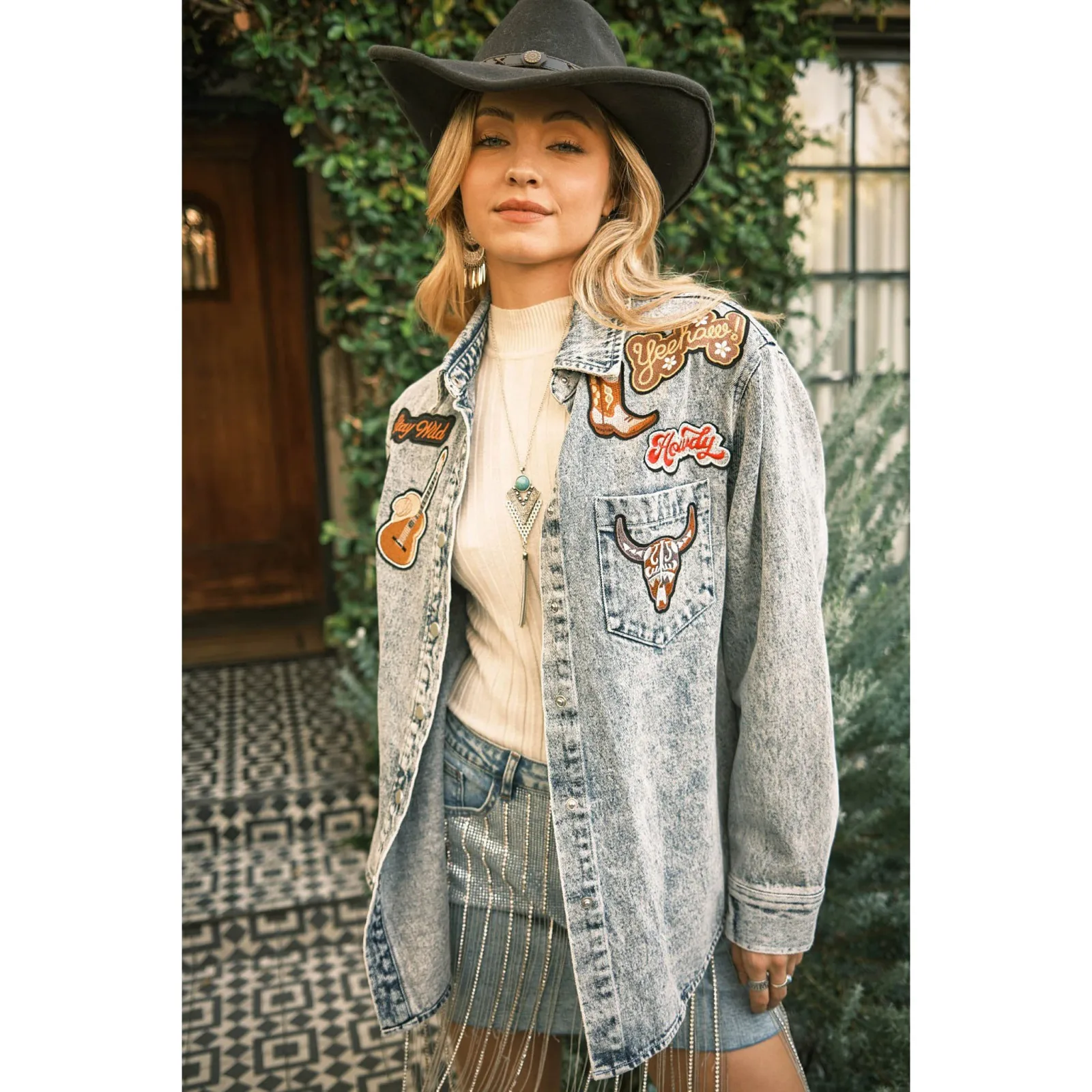 Blue B Womens Denim Shirt Jacket with Patches - Image 2