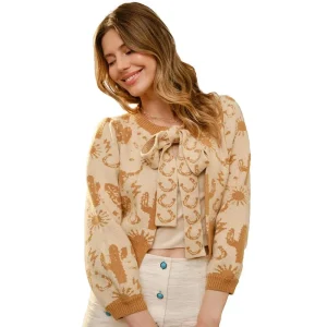 Blue B Women's Taupe Western Motif Tie Front Cardigan