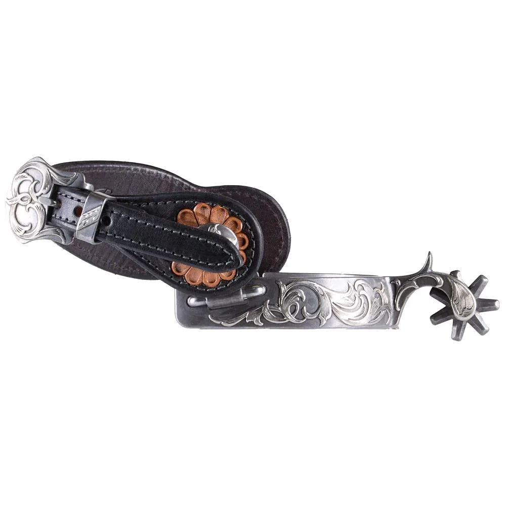 Brandon Anthony Engraved Silver Floral Men`s with 7 point rowel and Tooled Leather Spur Straps Set