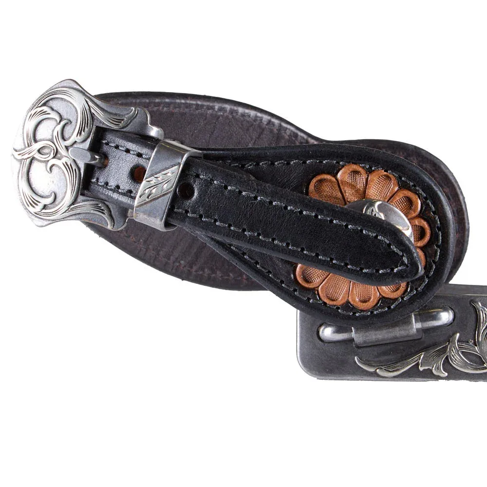 Brandon Anthony Engraved Silver Floral Men`s with 7 point rowel and Tooled Leather Spur Straps Set - Image 2