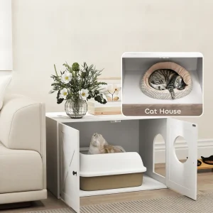 Cat Litter Box Enclosure With Barn Door, Cat Hole, 31.5 X 21 X 20, White
