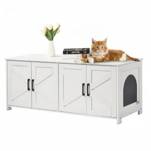 Cat Litter Box Enclosure Wooden Litter Box Furniture Hidden 2 Rooms White