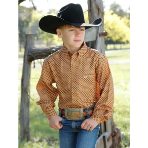 Cinch Boys Arena Flex Orange Print Long Sleeve Button Down Shirt