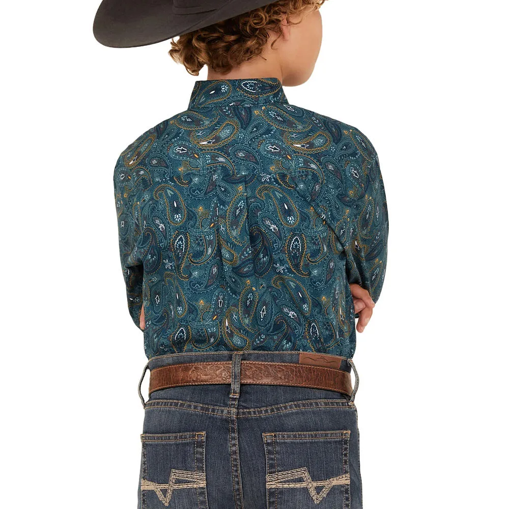 Cinch Boy's Blue Paisley Print Long Sleeve Button Down Shirt - Image 2