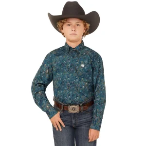 Cinch Boy's Blue Paisley Print Long Sleeve Button Down Shirt