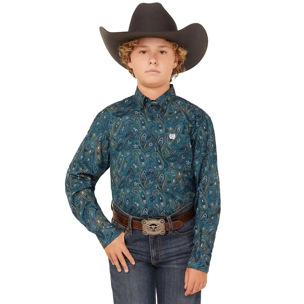 Cinch Boy's Blue Paisley Print Long Sleeve Button Down Shirt